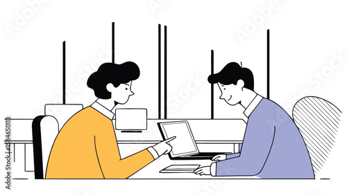 Adobe Illustrator ArtworkTwo office workers discussing project at table with laptops in modern workspace minimal line art style
