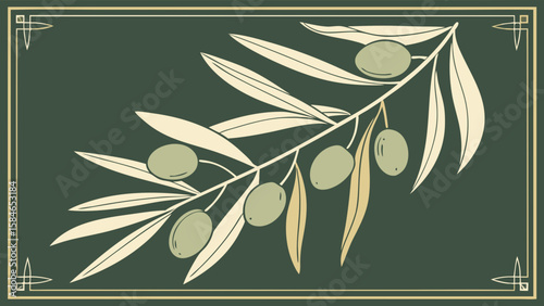 Artistic watercolor painting of olive branches paired with an elegant gold-colored frame design in grey background vector illustration.