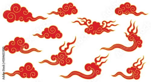 Collection of traditional red chinese clouds isolated on transparent background