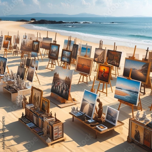 An art exhibition is held on the beach showcasing the work of lo