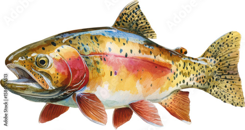 Watercolor painting of a rainbow trout fish with vibrant colors isolated on transparent background