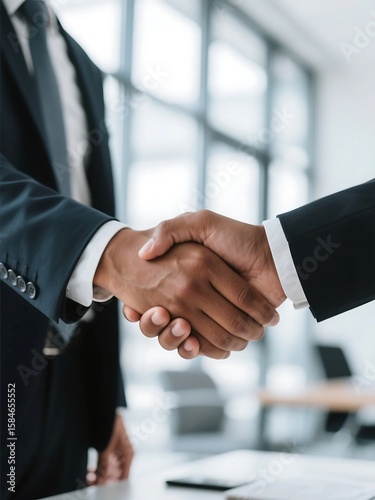 Close-up of professional handshake in office, suitable for business partnership, cooperation, teamwork, and corporate agreement concepts.