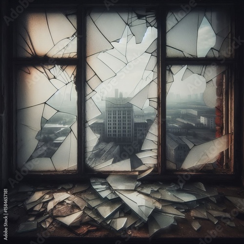 A broken windowpane the shards still in the frame their edges du