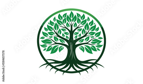 Green tree vector illustration with roots, a symbol of nature and growth