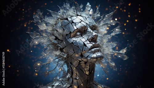 A glass art piece shattered and reassembled the cracks filled wi