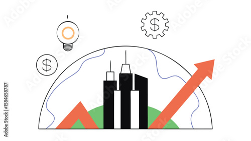 Adobe Illustrator ArtworkModern business growth illustration with city buildings, rising arrow, and financial icons representing global economy
