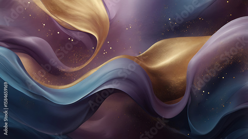 Ethereal abstract composition with flowing gradients of deep blues, purples, and gold accents, featuring soft organic shapes and luminous particles floating in space, creating a dreamy atmospheric bac
