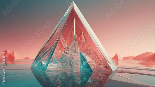 Dynamic abstract geometric composition with intersecting triangular forms in coral pink, teal, and white, featuring crystalline structures and prismatic light refractions against a gradient background