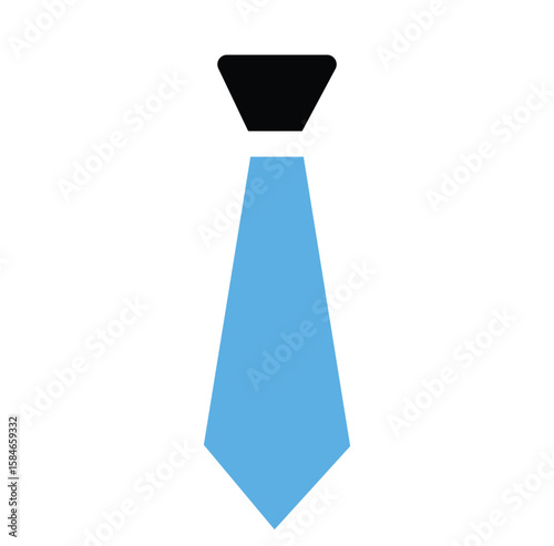 A simple graphic of a light blue tie with a black knot on a white background space