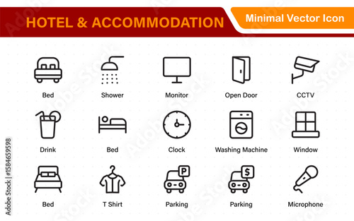 Hotel and accommodation icons. Universal service icons with building, booking, concierge, air conditioning, food delivery, housekeeping line vector web icon.