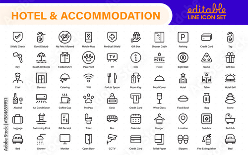 Hotel and accommodation icons. Universal service icons with building, booking, concierge, air conditioning, food delivery, housekeeping line vector web icon.