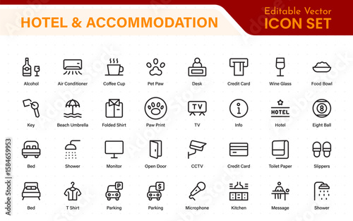 Hotel and accommodation icons. Universal service icons with building, booking, concierge, air conditioning, food delivery, housekeeping line vector web icon.
