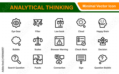 Analytical Thinking Web Icons in Line Style. Ideas, facts, critical decisions, strategy, problem‑solving, innovation, collection.
