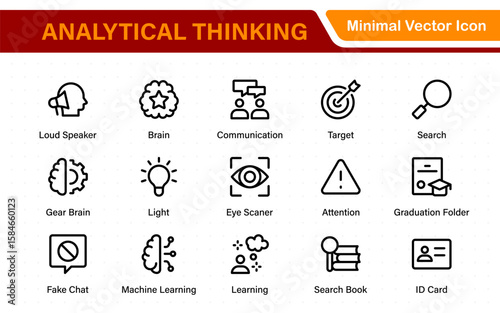Analytical Thinking Web Icons in Line Style. Ideas, facts, critical decisions, strategy, problem‑solving, innovation, collection.
