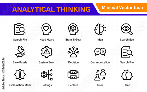 Analytical Thinking Web Icons in Line Style. Ideas, facts, critical decisions, strategy, problem‑solving, innovation, collection.