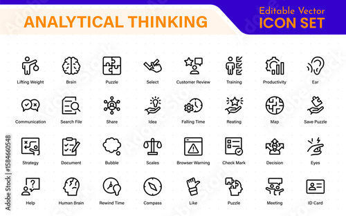 Analytical Thinking Web Icons in Line Style. Ideas, facts, critical decisions, strategy, problem‑solving, innovation, collection.