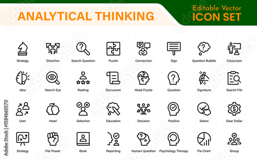 Analytical Thinking Web Icons in Line Style. Ideas, facts, critical decisions, strategy, problem‑solving, innovation, collection.