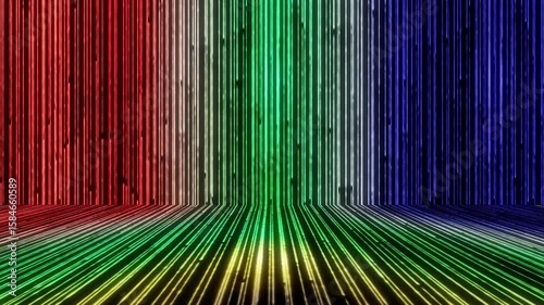 A panning out of a series of glowing pulse data lines in perspective in the colors of the South African flag - 3D render