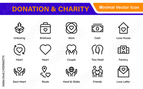 Donation and Charity Icons Collection. Outline Symbols for Giving, Community Help, Volunteering, and Humanitarian Aid.
