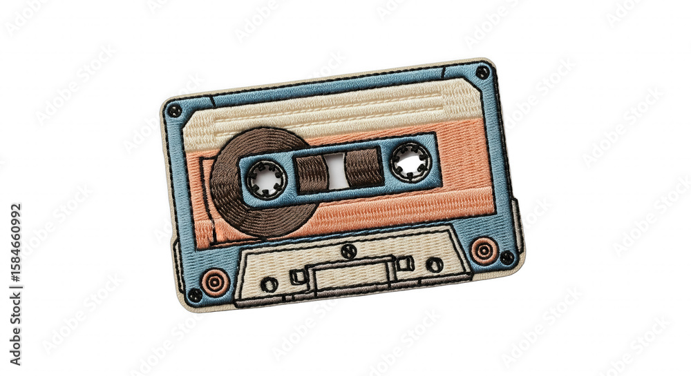 Fototapeta premium embroidered patch of vintage audio cassette tape on transparent background