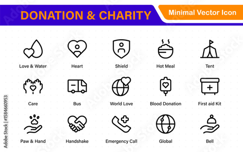 Donation and Charity Icons Collection. Outline Symbols for Giving, Community Help, Volunteering, and Humanitarian Aid.