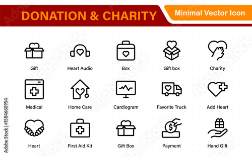 Donation and Charity Icons Collection. Outline Symbols for Giving, Community Help, Volunteering, and Humanitarian Aid.