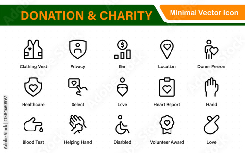 Donation and Charity Icons Collection. Outline Symbols for Giving, Community Help, Volunteering, and Humanitarian Aid.
