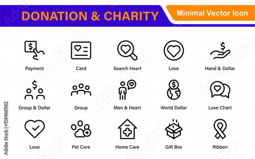 Donation and Charity Icons Collection. Outline Symbols for Giving, Community Help, Volunteering, and Humanitarian Aid.