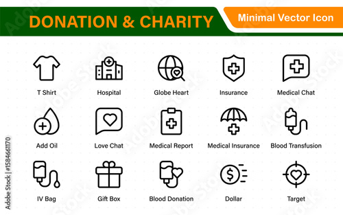 Donation and Charity Icons Collection. Outline Symbols for Giving, Community Help, Volunteering, and Humanitarian Aid.