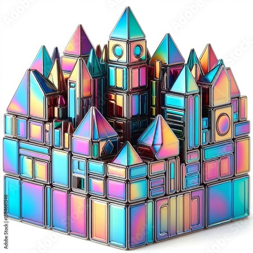 A magnetic building tile set with transparent and iridescent col