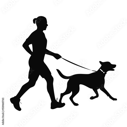 A black vector silhouette shows a woman walking her dog pet on a leash in the park