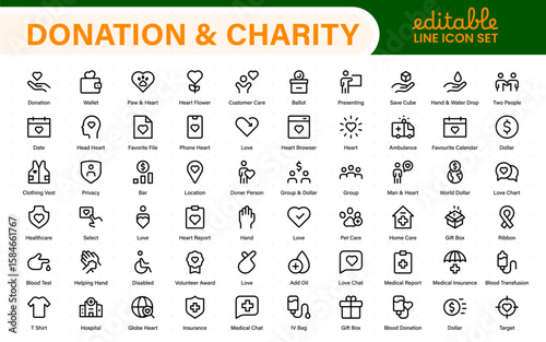 Donation and Charity Icons Collection. Outline Symbols for Giving, Community Help, Volunteering, and Humanitarian Aid.