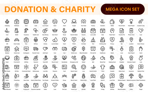 Donation and Charity Icons Collection. Outline Symbols for Giving, Community Help, Volunteering, and Humanitarian Aid.