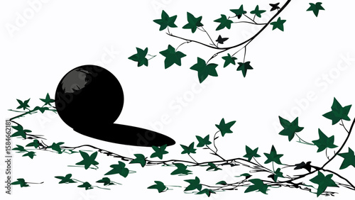Black sphere with shadow amidst ivy vines and leaves on a white background creating a nature scene