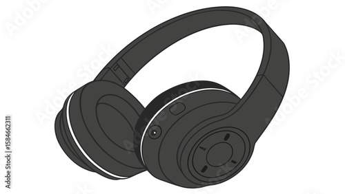 Illustration of a pair of black over ear headphones with white accents and visible control buttons