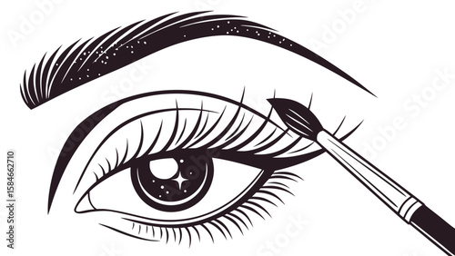 Detailed illustration of an eye with long lashes and a brush applying makeup near the eyelid area