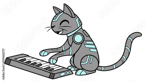 A robotic cat with light blue accents playing a small keyboard with a happy expression on its face