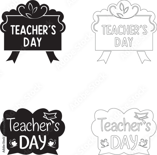 Teachers Day celebration badge set vector icons with ribbons leaves and graduation caps