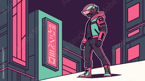 A lone figure in a futuristic helmet stands amidst neon lit buildings in a stylized cityscape scene