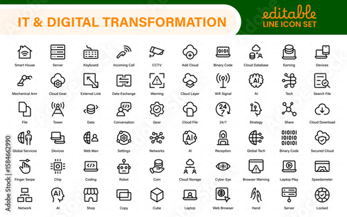 IT and Digital Transformation Icon Set. Collection of High‑Quality Information Technology Icons. Industry 4.0, Big Data, AI, and Tech Progress Symbols.