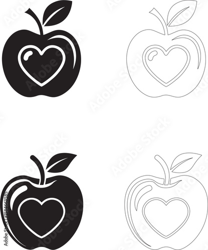 Teachers Day apple with heart vector icons filled silhouette and outline set