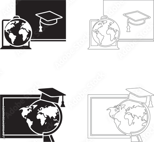 Teachers Day globe graduation cap and chalkboard vector icons filled silhouette and outline set