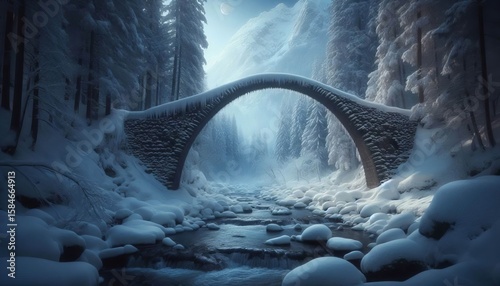 A snowbound bridge arched over an ice clad stream