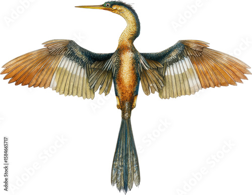 Anhinga bird with wings spread showing detailed feathers isolated on transparent background
