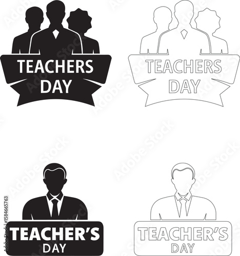 Teachers Day Icon Set Group of Teachers and Solo Teacher Behind Banner in Solid and Outline Styles