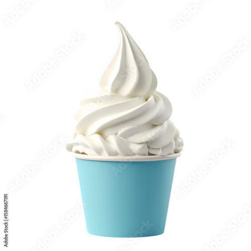 A vanilla soft serve in a light blue paper cup isolated on transparent background