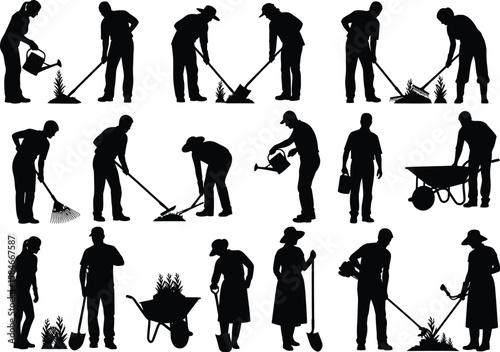 Silhouettes of people gardening with various tools and activities