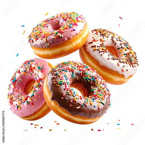 Assorted Colorful Donuts with Sprinkles on a White Background