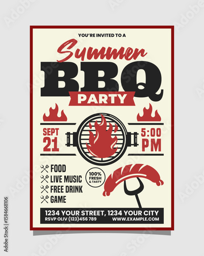 White, Red And Black Illustrative Summer BBQ Party Vertical Poster Invitation Template