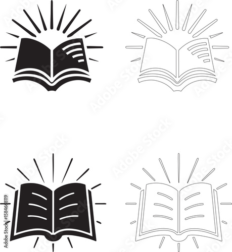 Teachers Day open book knowledge vector icons set filled and outline silhouettes with rays and page lines
